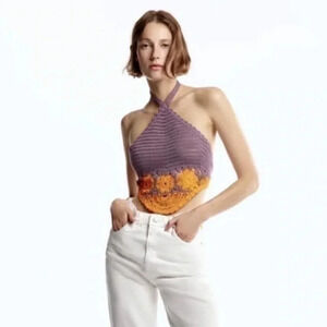 New Zara Crochet Knit Purple Halter Top